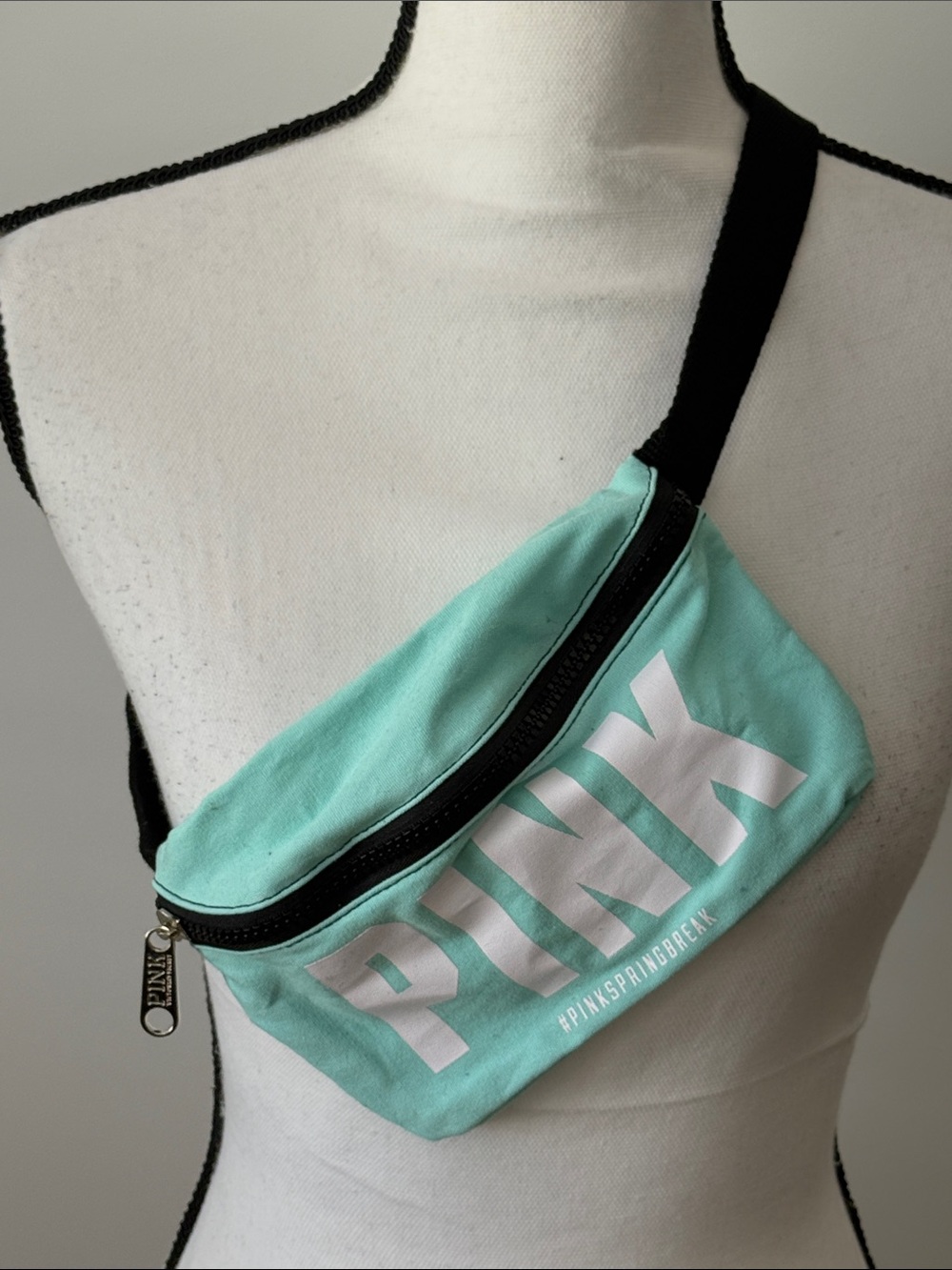 PINK Victoria's Secret Mint Canvas Crossbody Bag with Black Strap